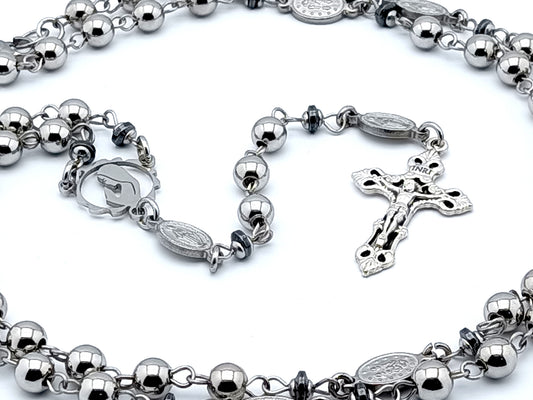 Miraculous medal unique rosary beads with stainless steel beads, centre medal and silver crucifix.