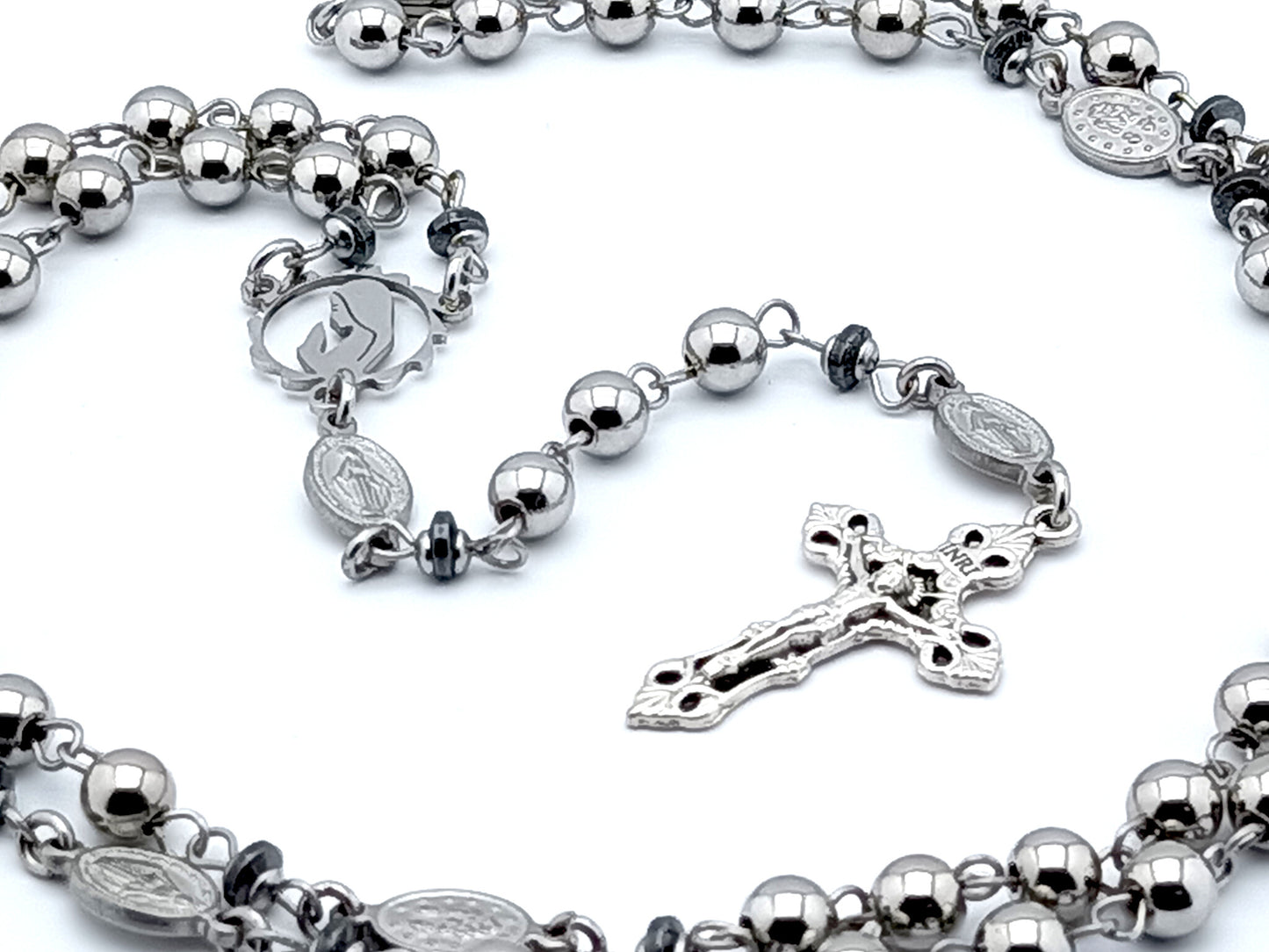 Miraculous medal unique rosary beads with stainless steel beads, centre medal and silver crucifix.