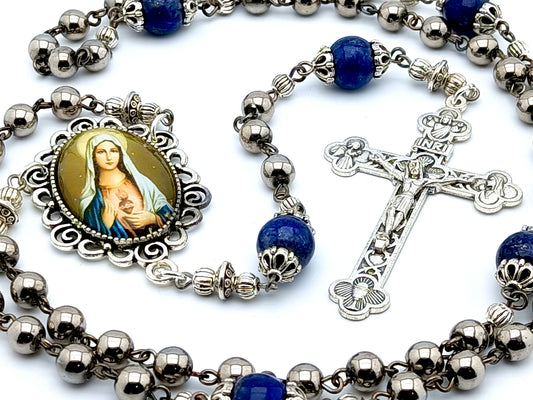 Immaculate Heart of Mary unique rosary beads with silver glass and lapis lazuli beads, silver crucifix and picture centre medal.