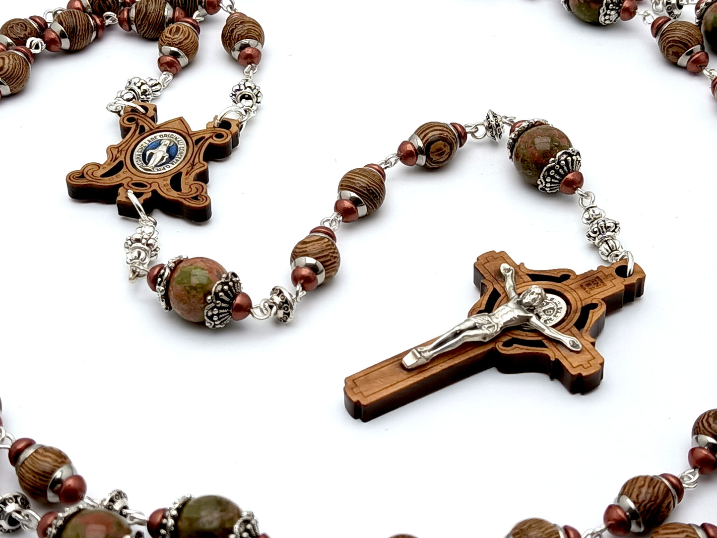 Miraculous Medal unique rosary beads with dark wood and gemstone beads, olive wood Sint Benedict crucifix and olive wood centre medal.