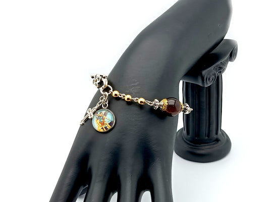 Saint Michael unique rosary beads single decade rosary bracelet with 925 sterling silver and tigers eye gemstone beads and sterling silver cross.