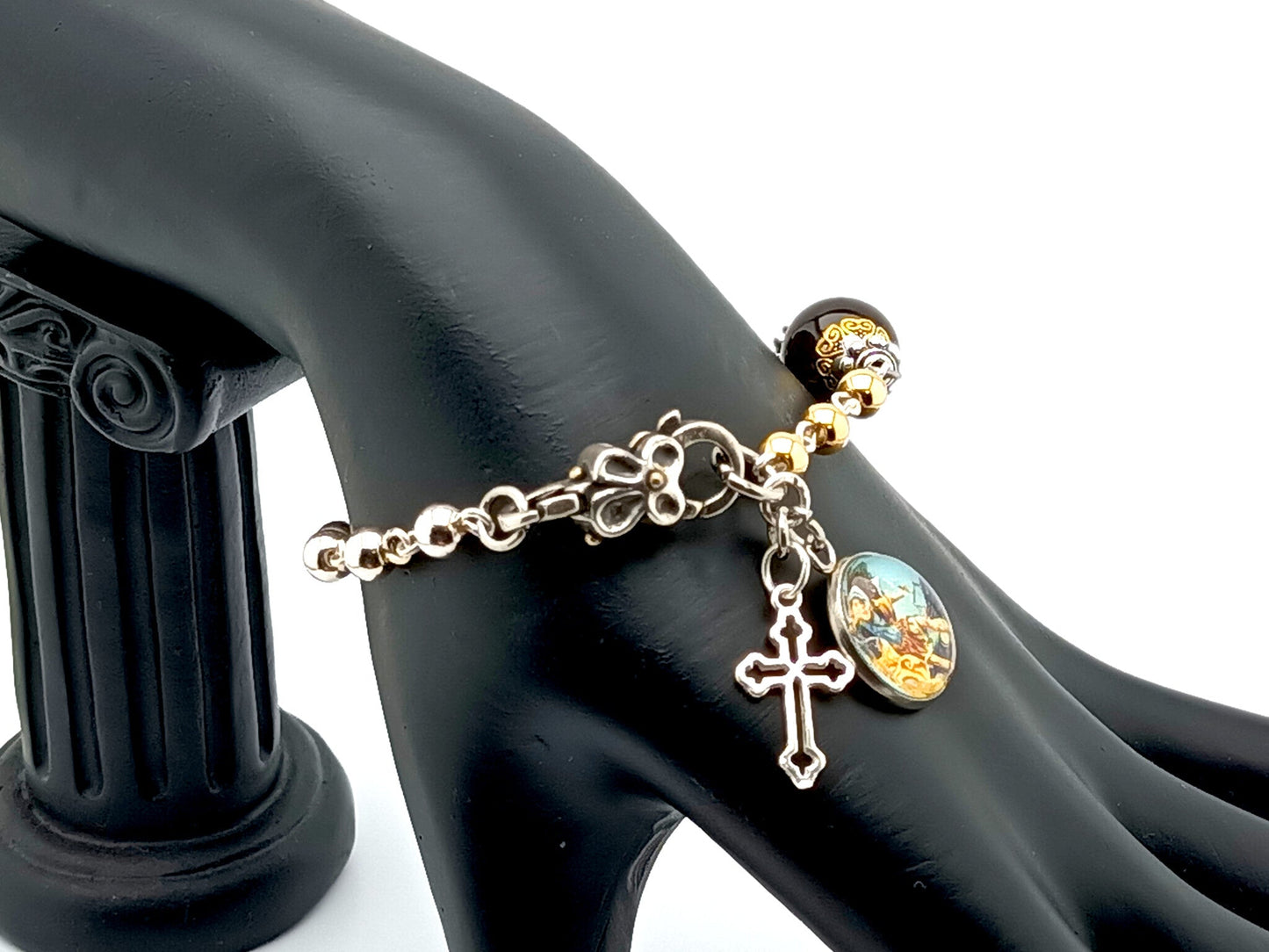 Saint Michael unique rosary beads single decade rosary bracelet with 925 sterling silver and tigers eye gemstone beads and sterling silver cross.