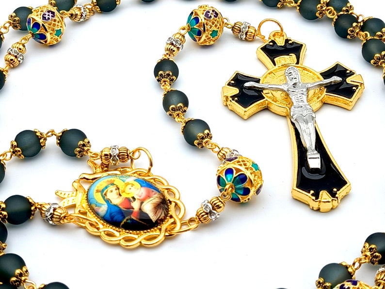 Our Lady of Perpetual Help unique rosary beads with black and gold glass beads, black and gold enamel crucifix and gold picture centre medal.