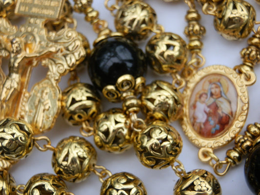 Stunning Large Heirloom Our Lady of Perpetual Help Rosary beads, Onyx Rosaries gems, Gold plated Bali Rosary beads, Wedding Rosary gift.