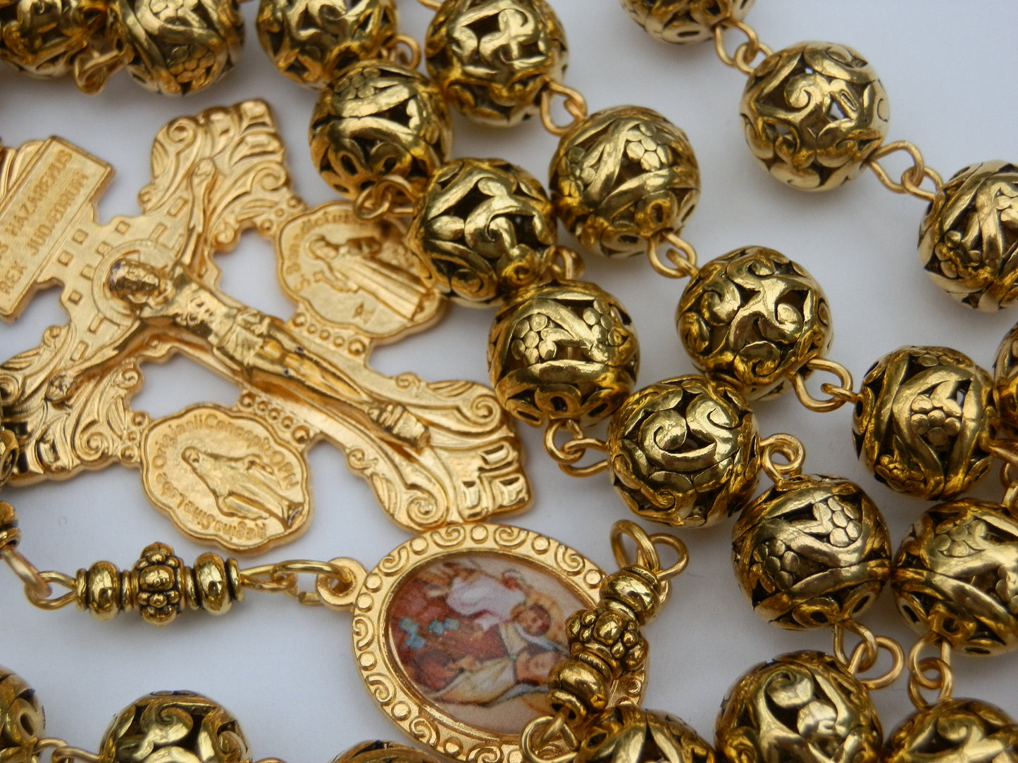Stunning Large Heirloom Our Lady of Perpetual Help Rosary beads, Onyx Rosaries gems, Gold plated Bali Rosary beads, Wedding Rosary gift.