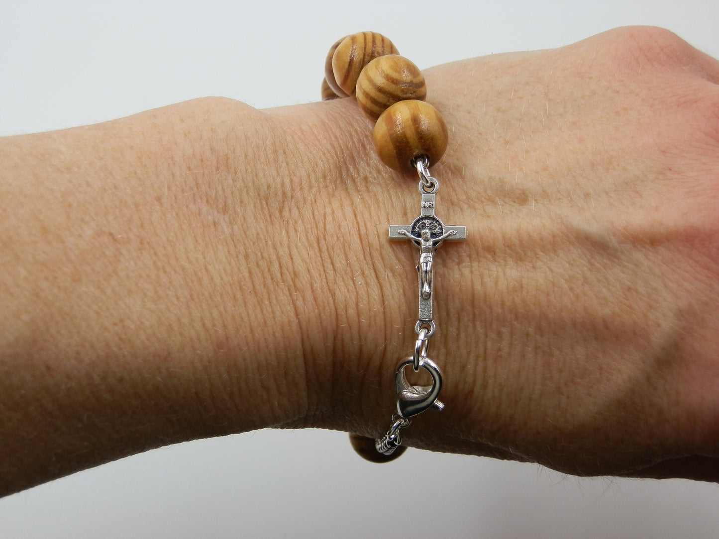 Men's large wooden Rosary Bracelet, Single decade bracelet, St. Benedict Crucifix, spiritual prayer gift. Religious prayer beads
