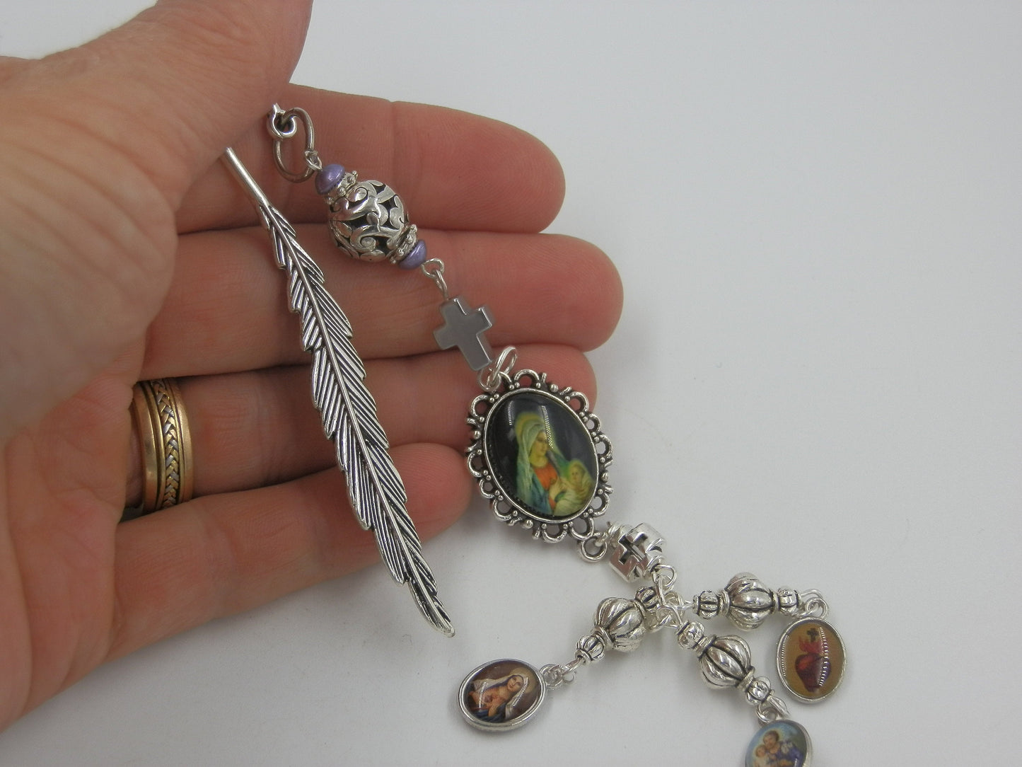 Religious bookmark, St. Joseph medal, Sacred heart medal, Our Lady of Sorrows medal, Religious gifts, Handmade bookmarker.