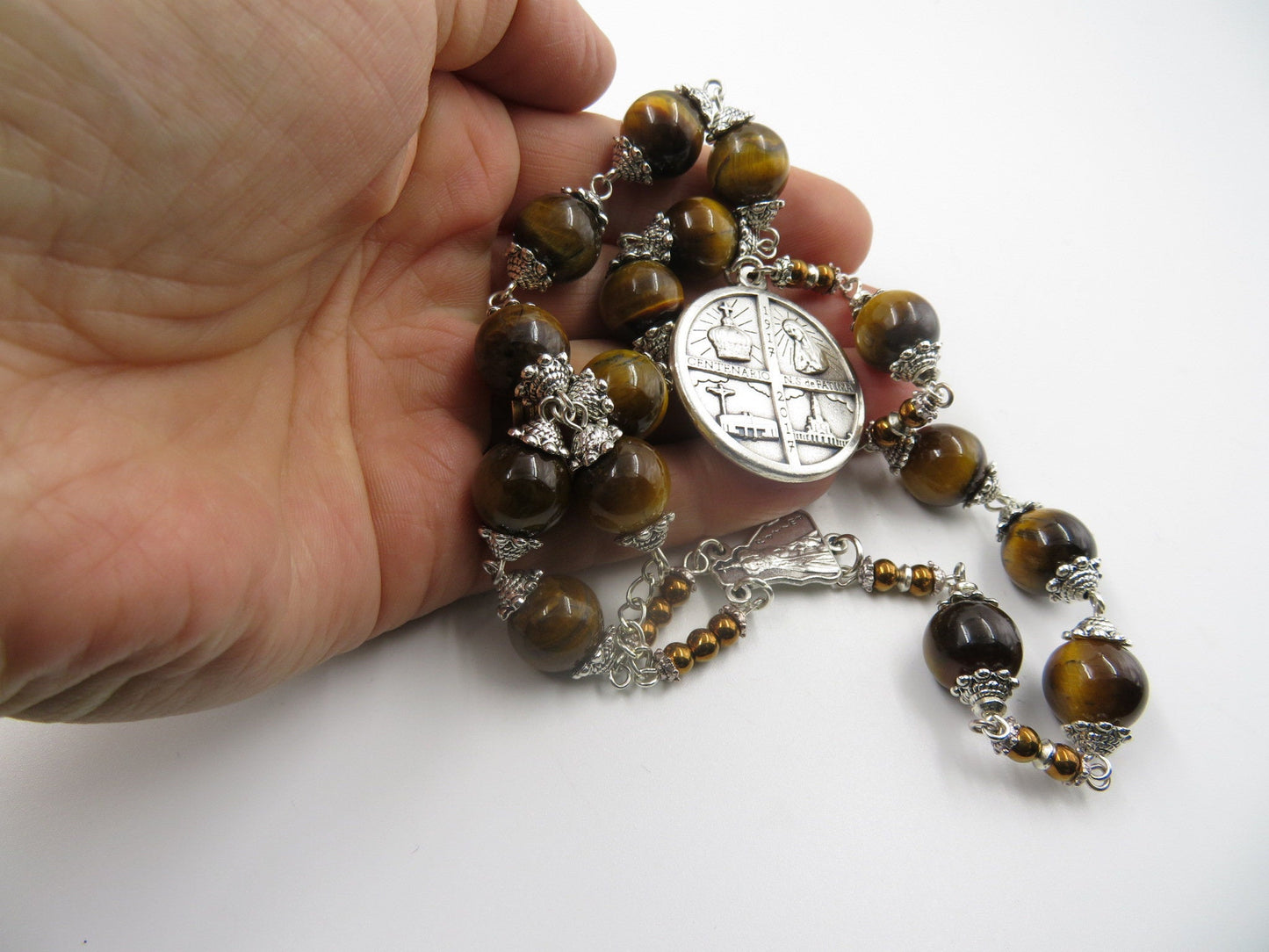 Large Chaplet to Our Lady of Fatima, Centenary Fatima medal 1917, Spiritual Prayer beads, Gemstone Rosary bead Chaplet, Mens prayer beads.