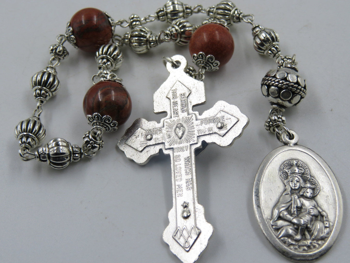 Sacred Heart Novena Prayer Chaplet, Our Lady of Mount Carmel medal, The Brown Scapular medal, Jasper Gemstone prayer beads, Travel beads