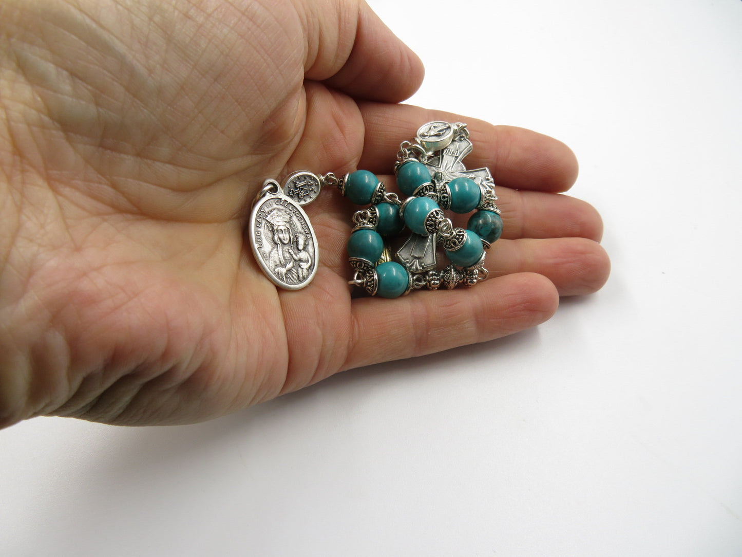 Our Lady of Czestochowa prayer beads, Turquoise Gemstone prayer gift, Car visor Rosary, Spiritual Prayer Beads, Wedding gift.