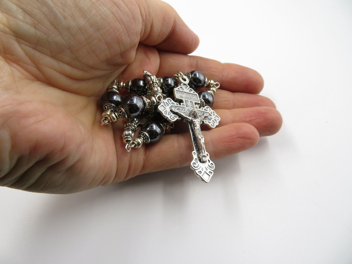 Handmade Saint Bernard prayer Chaplet, Confirmation gift, Pardon Crucifix prayer beads, Hematite prayer bead chaplet Spiritual prayer beads.