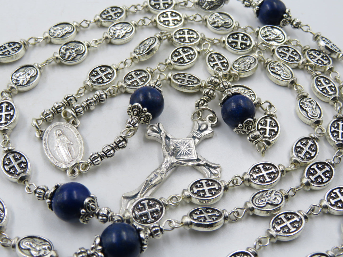 Immaculate Heart of Mary silver Rosary beads, Cross bead Rosaries, Sacramental Rosary beads, Heirloom Rosary , Lapis Lazuli prayer beads.