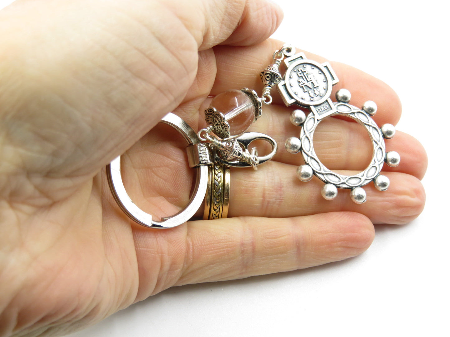 Miraculous medal Rosary Ring, Ten Hail Mary Rosary ring, Wire wrapped Bead, Religious Keyring.