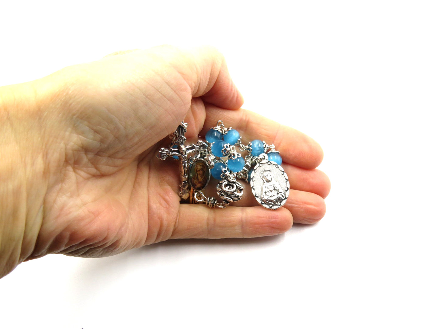 Pocket servite unique dolor rosary beads with blue glass beads and silver crucifix, medals and dolour bead.