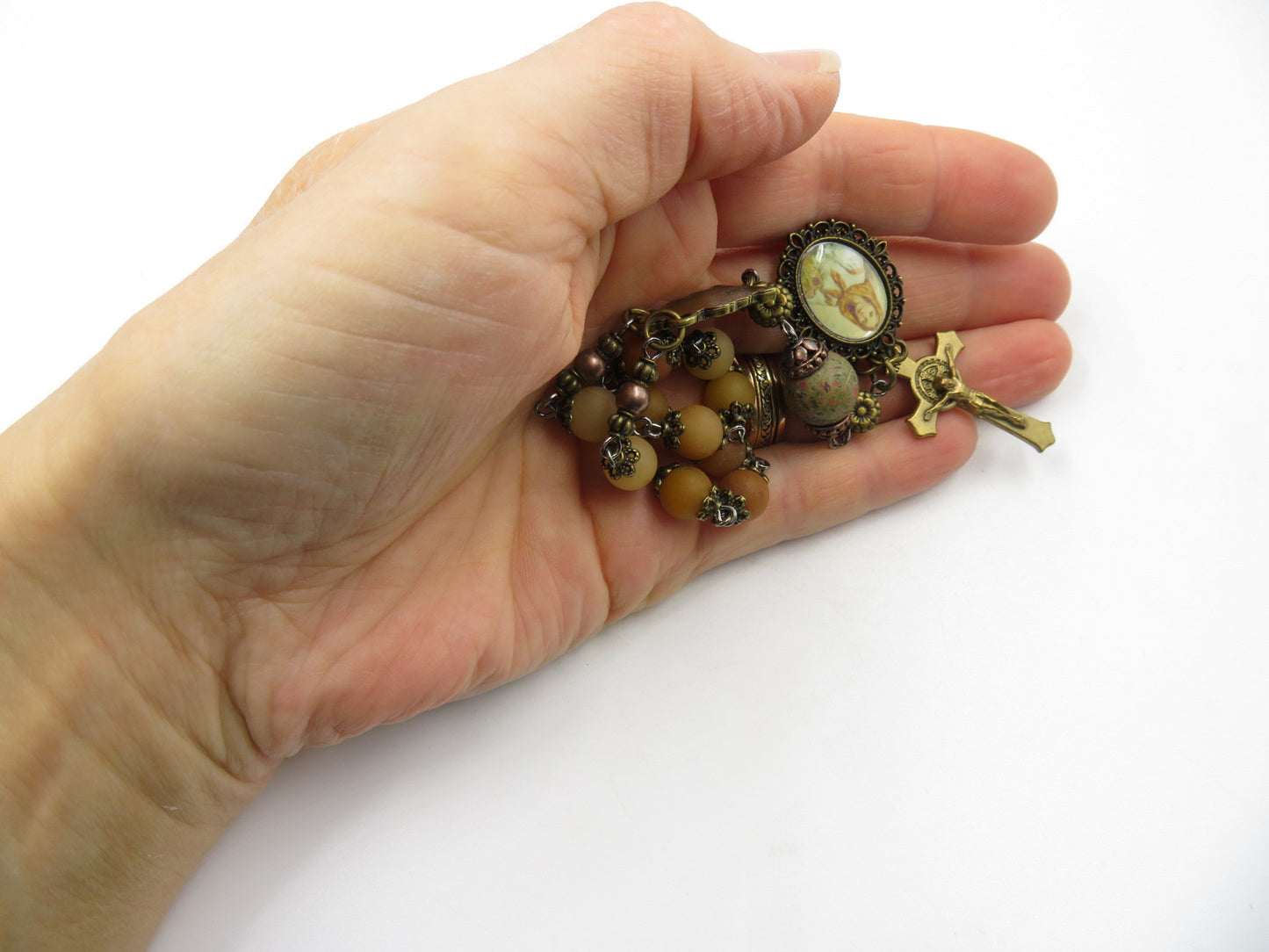 St Dymphna agate gemstone single decade Rosary beads, Coronation of Our Lady medal, St Benedict Crucifix, Rosaries, Pocket Rosaries