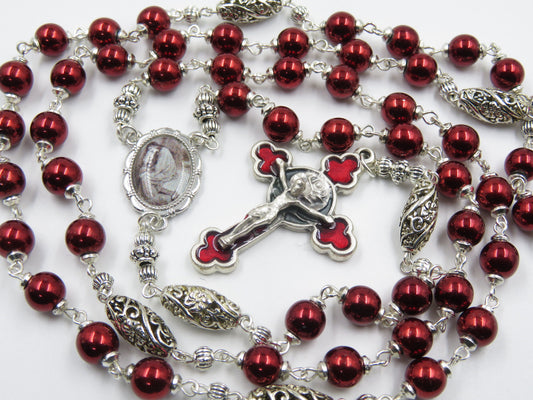 Heirloom Saint Mary Magdalene Gemstone red Hematite Rosary beads, Rosary, Rose Crucifix, Spiritual Wedding prayer beads, Handmade Rosaries.