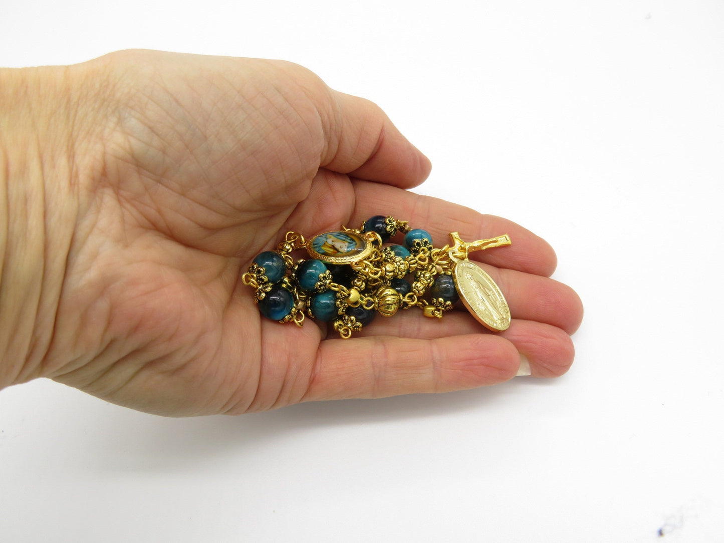 Our Lady of Sorrows Blue Tigers eye Rosary beads single decade, Tenner rosary Rosary beads, Spiritual Wedding beads, Bridesmaid gift.