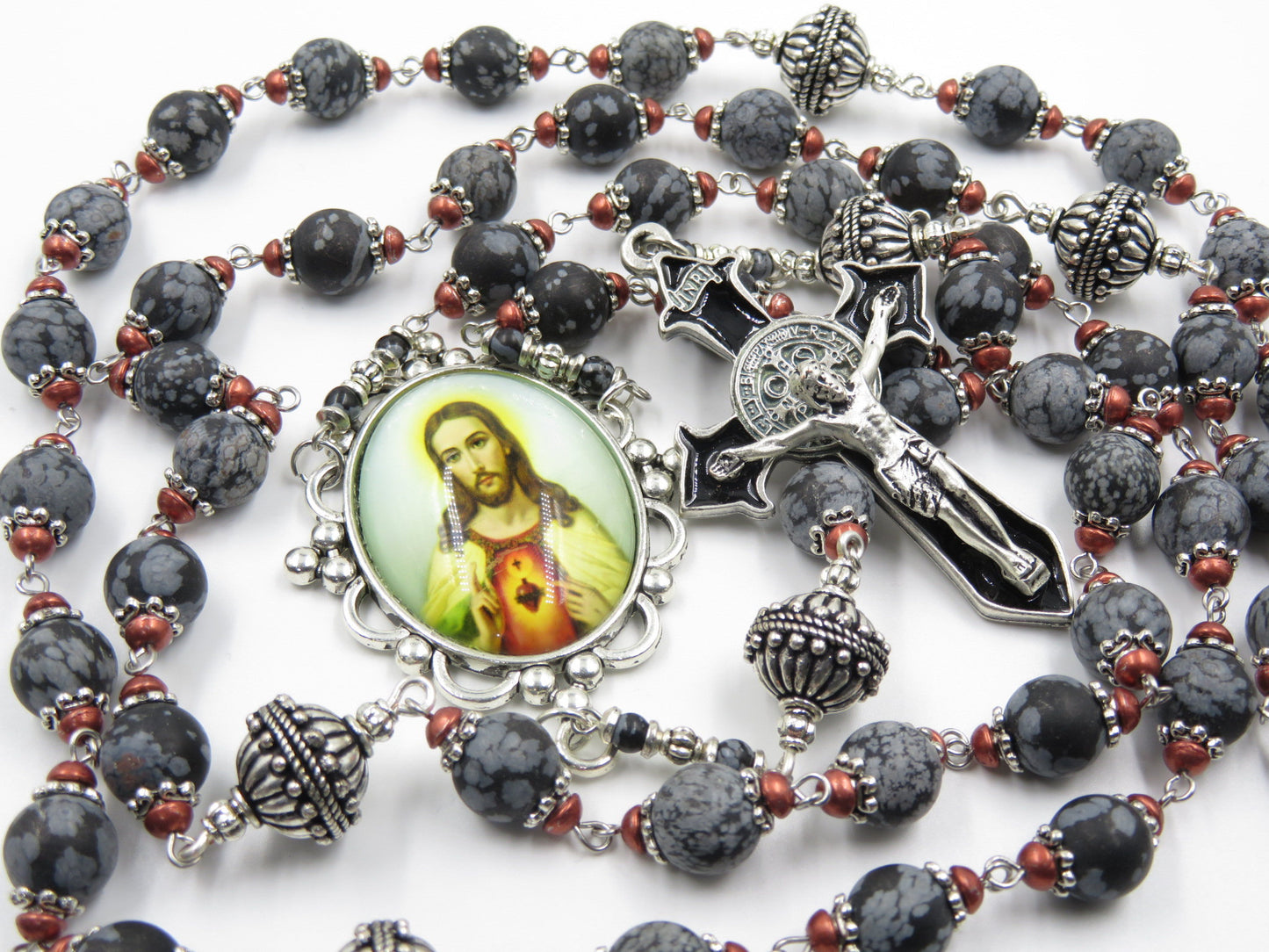 Large Heirloom Gemstone Rosary beads, Sacred Heart rosaries, St Benedict Crucifix, Wall Hanging Rosary beads, Religious Wedding gift.