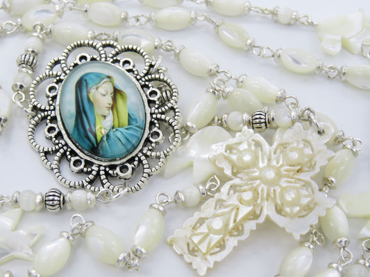 Genuine Mother of Pearl Our Lady of Sorrows Rosary beads, 7 sorrows rosary beads, prayer beads, Holy Spirit Rosaries, Sacramental gift.