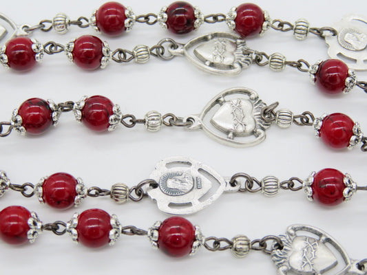 Sacred Heart prayer chaplet, Holy Spirit Crucifix, Handmade red glass Rosary beads, Unique Heirloom Chaplet beads, Wedding Rosary beads.
