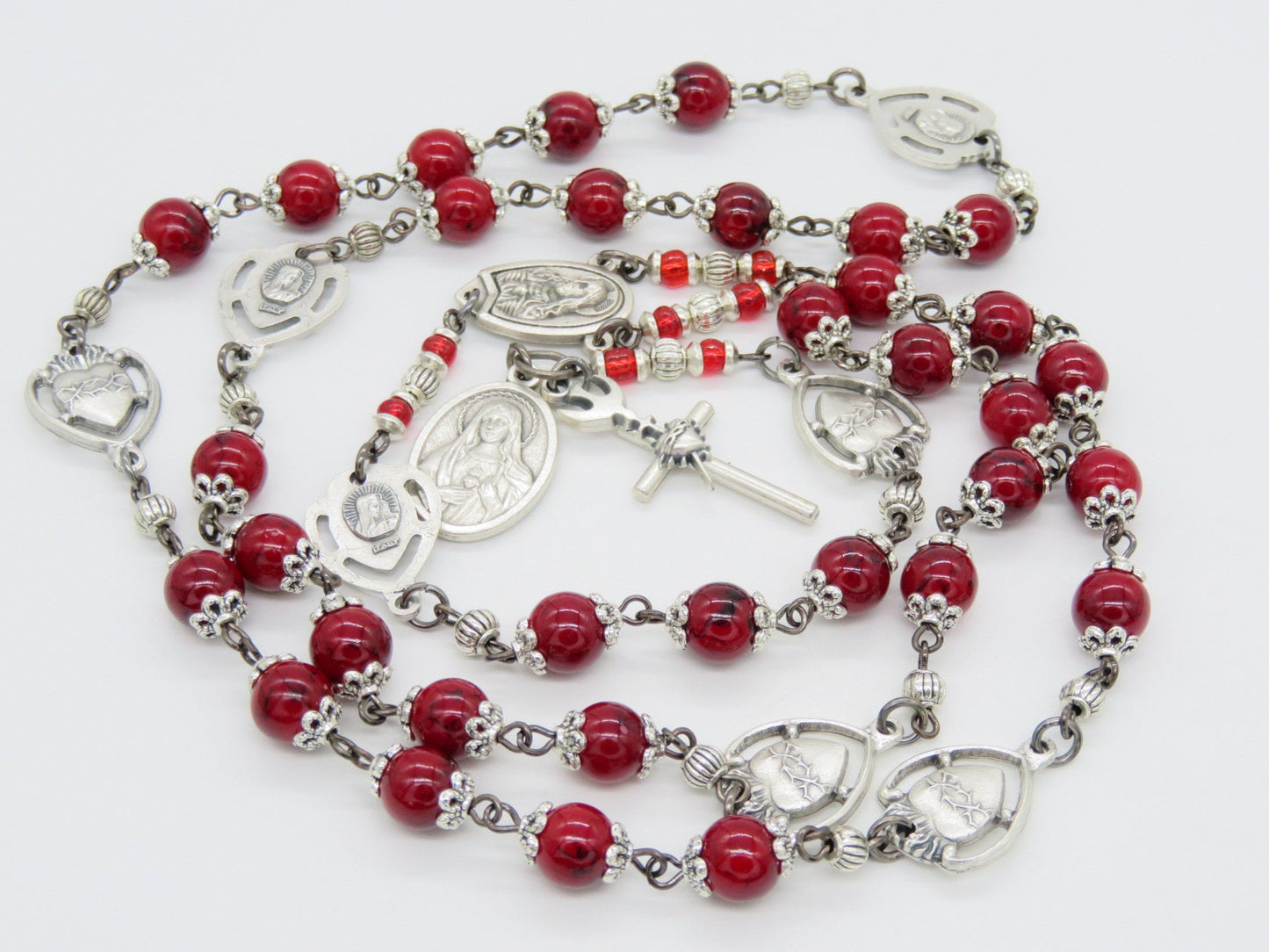 Sacred Heart prayer chaplet, Holy Spirit Crucifix, Handmade red glass Rosary beads, Unique Heirloom Chaplet beads, Wedding Rosary beads.