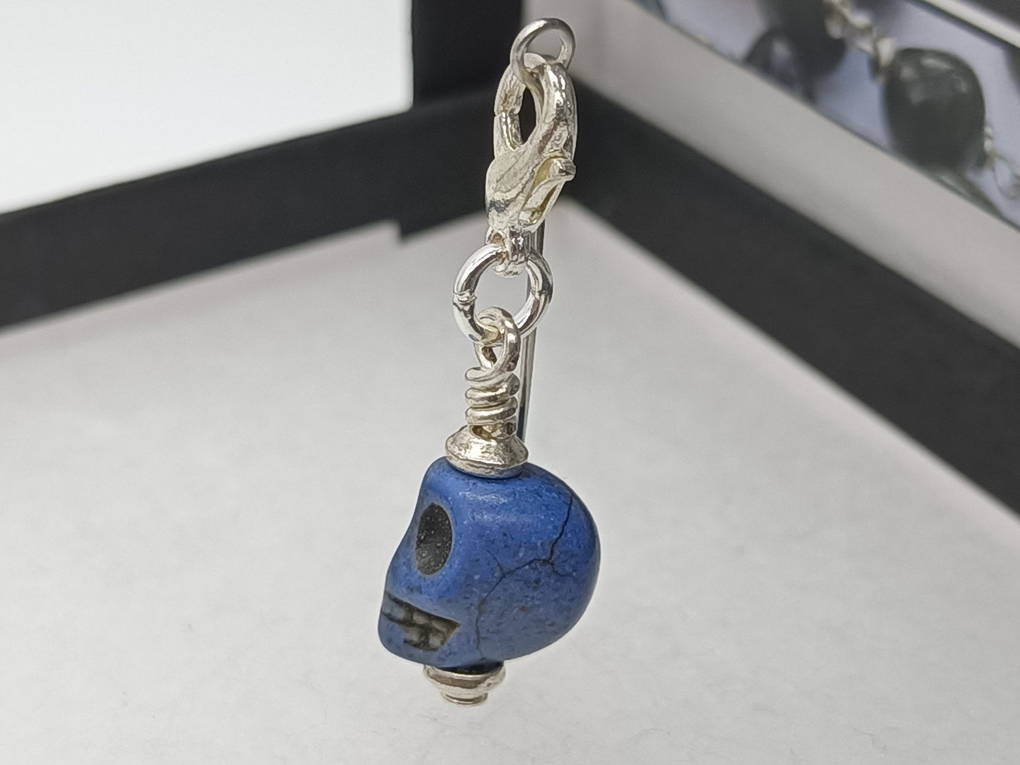 Large blue coloured Memento Mori Skull, Rosary sacramentals, Memento mori Rosary beads, Holy Souls Sacramentals.