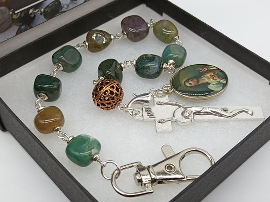 Gemstone single decade travel Rosary beads, Sacred Heart of Jesus medal, Irish Penal Crucifix on prayer Chaplet, Men's prayer beads.