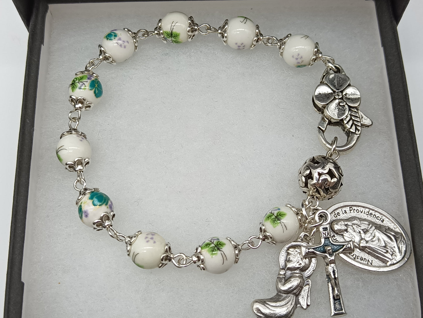 Our Lady of Divine Providence Floral Porcelain single decade Rosary Bracelet, Guardian Angel medal, Holy Communion gift.