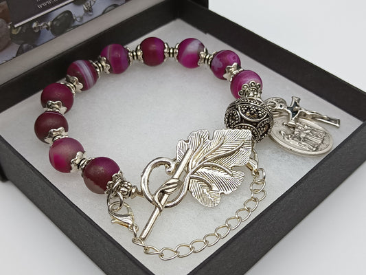 Frosted Agate gemstone Catholic Rosary Decade Bracelet, Holy Family & Guardian Angel medal, Pocket Rosary, Confirmation gift, Wedding gift.