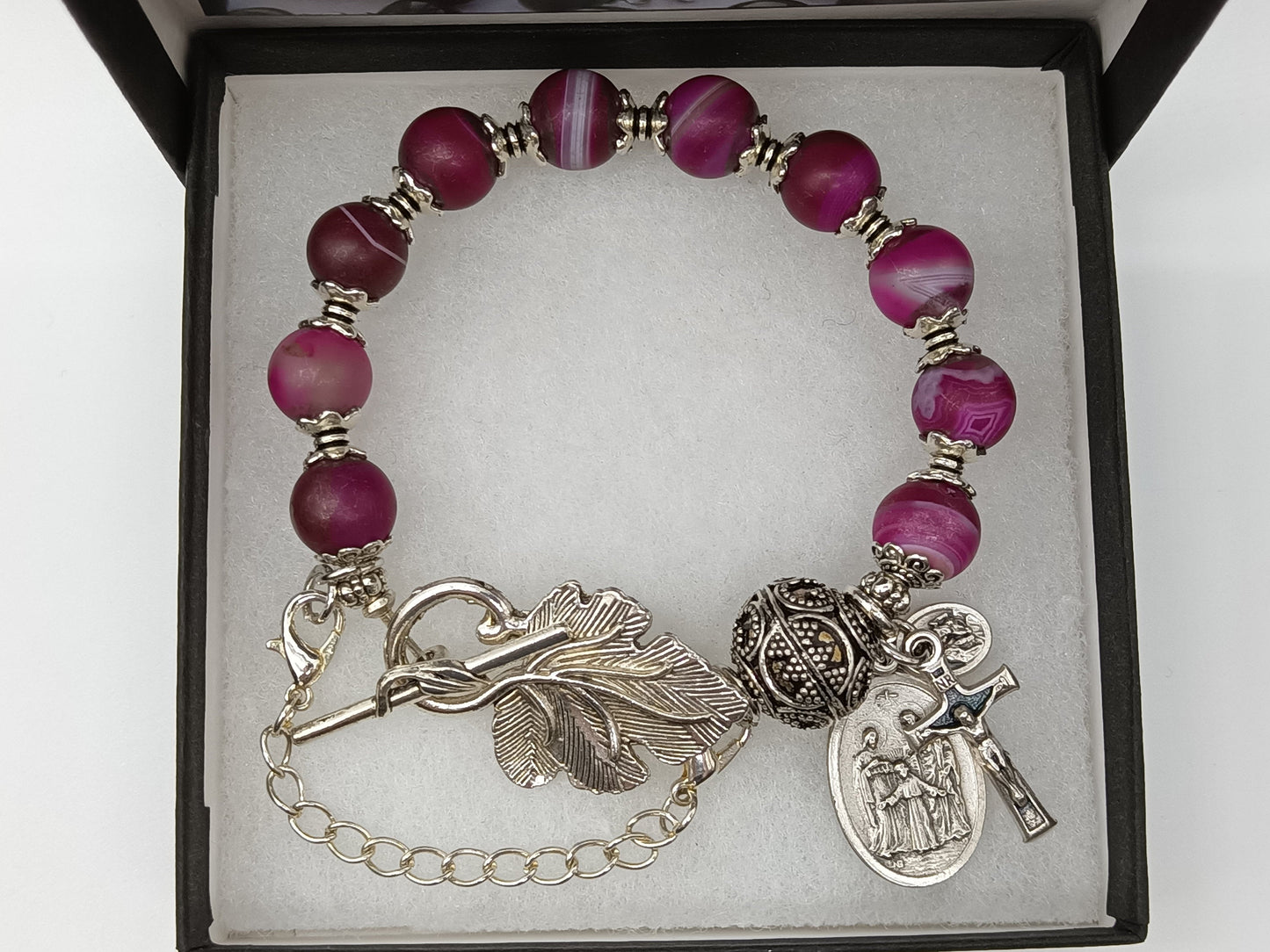 Frosted Agate gemstone Catholic Rosary Decade Bracelet, Holy Family & Guardian Angel medal, Pocket Rosary, Confirmation gift, Wedding gift.
