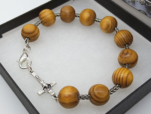 Men's large wooden Rosary Bracelet, Single decade bracelet, St. Benedict Crucifix, spiritual prayer gift. Religious prayer beads