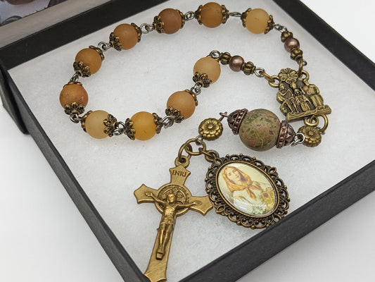 St Dymphna agate gemstone single decade Rosary beads, Coronation of Our Lady medal, St Benedict Crucifix, Rosaries, Pocket Rosaries