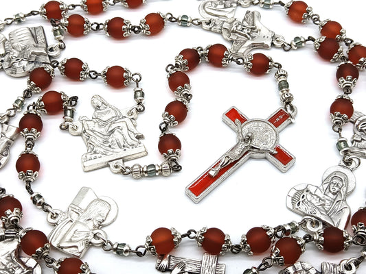 Stations of the Cross unique rosary beads prayer beads with red glass beads and silver stations medals, red and silver St. Benedict crucifix.
