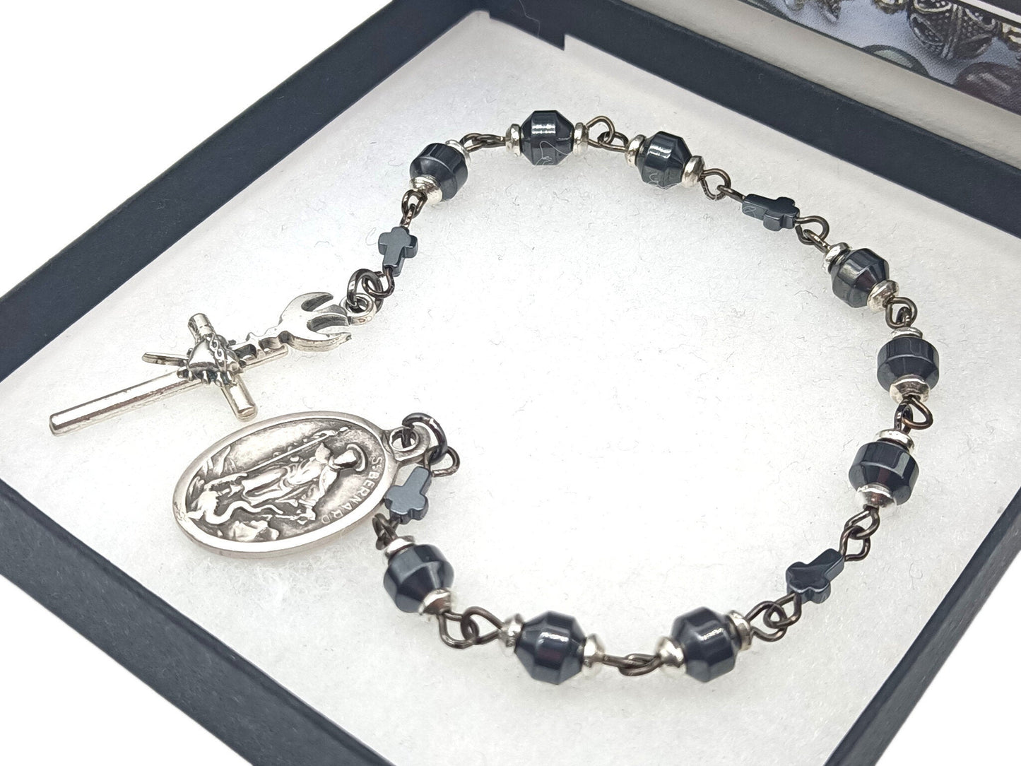 Saint Bernard unique rosary bead chaplet with hematite beads, silver Sacred Heart crucifix and St. Bernard medal.