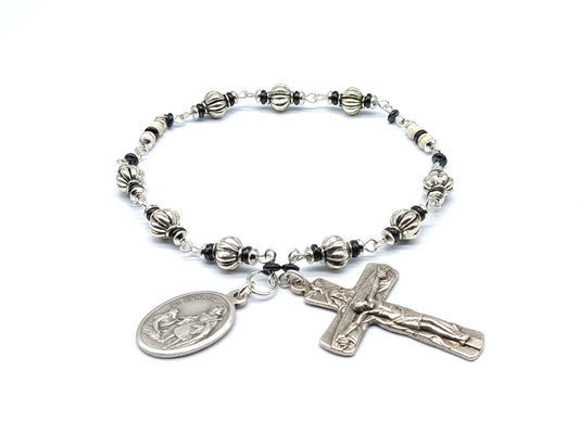 Saint Edward unique rosary beads prayer chaplet with silver and gemstone beads, silver crucifix and medal.