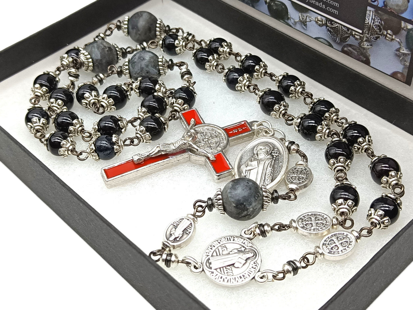 Saint Benedict unique rosary beads prayer chaplet with onyx and gemstone beads, red enamel St. Benedict crucifix and silver medals.