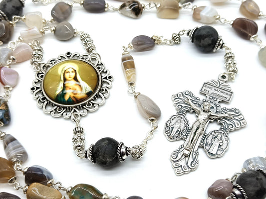 Agate gemstone unique rosary beads with silver pardon crucifix and Immaculate heart picture centre medal.