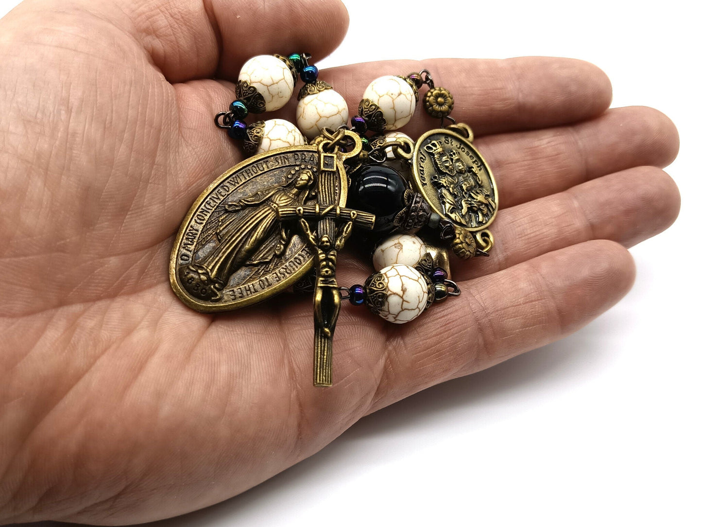 Year of Saint Joseph unique rosary beads single decade with gemstone beads, bronze crucifix, miraculous medal and St. Joseph medal.
