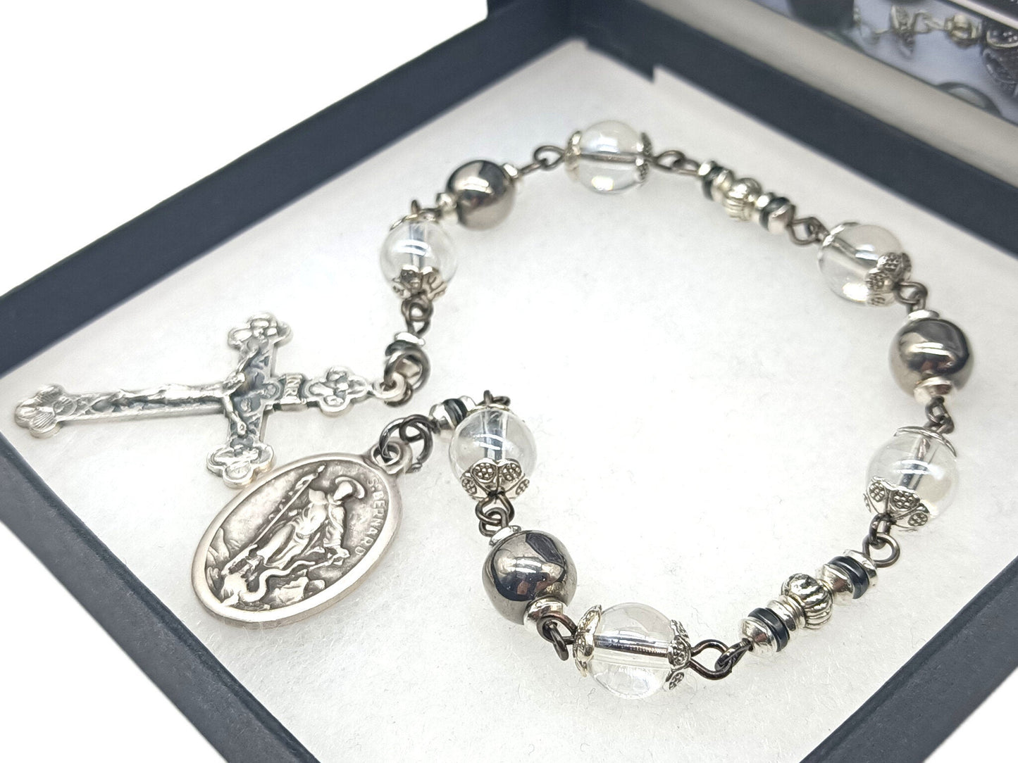 Saint Bernard unique rosary bead chaplet with glass beads, silver crucifix and St. Bernard medal.