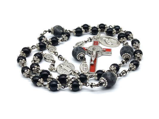 Saint Benedict unique rosary beads prayer chaplet with onyx and gemstone beads, red enamel St. Benedict crucifix and silver medals.