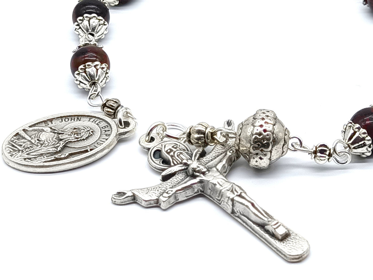 Saint John the Baptist unique rosary beads single decade with bloodstone gemstone beads, silver Trinity crucifix and St. John the Baptist medal.