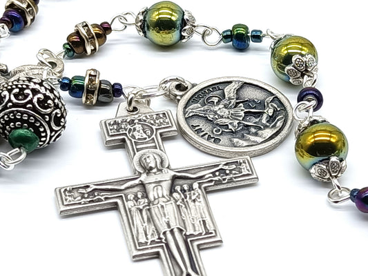 Saint Michael unique rosary beads single decade with green hematite beads, silver St. Francis crucifix, St. Michael centre medal and small medal.