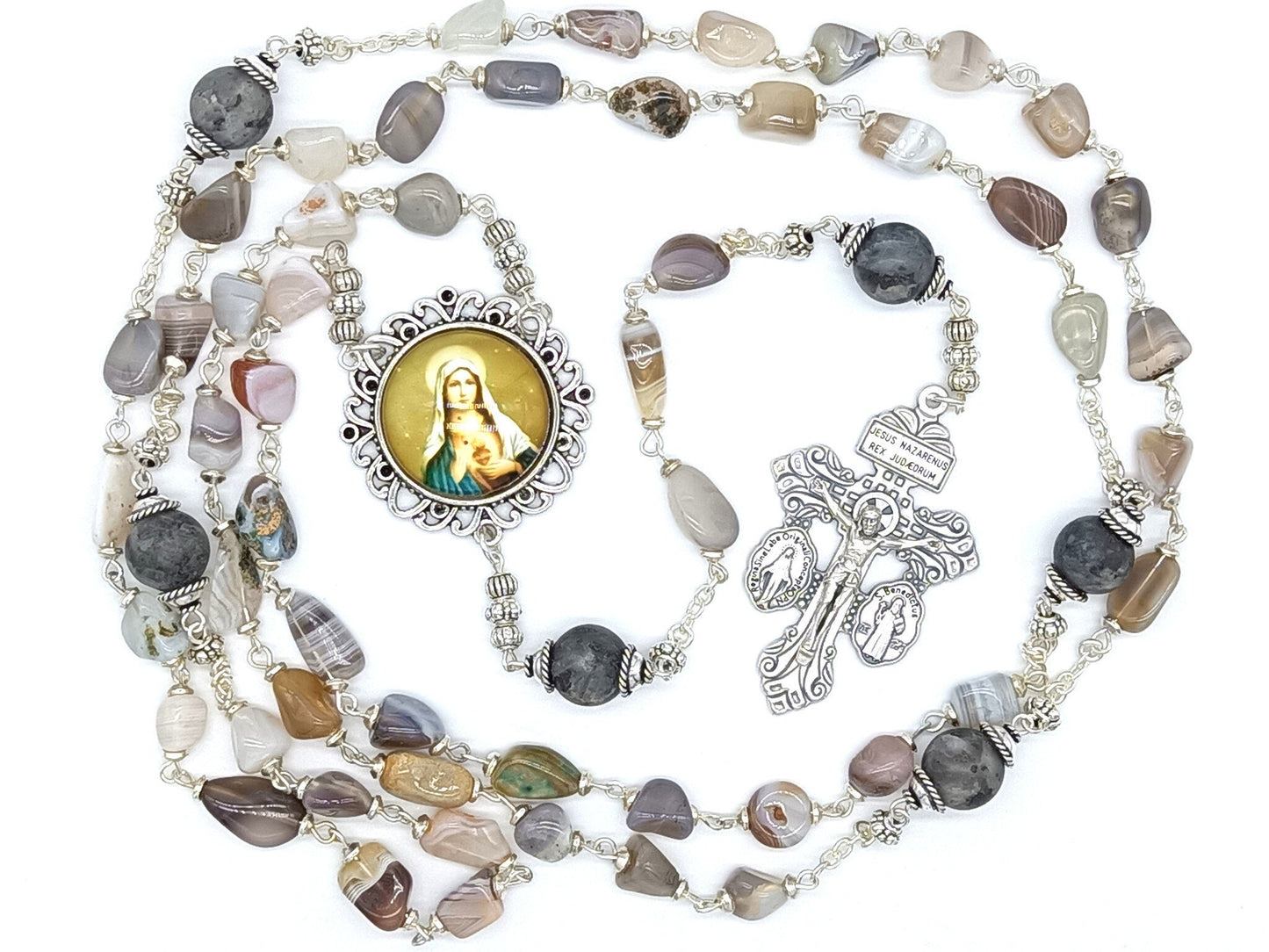 Agate gemstone unique rosary beads with silver pardon crucifix and Immaculate heart picture centre medal.