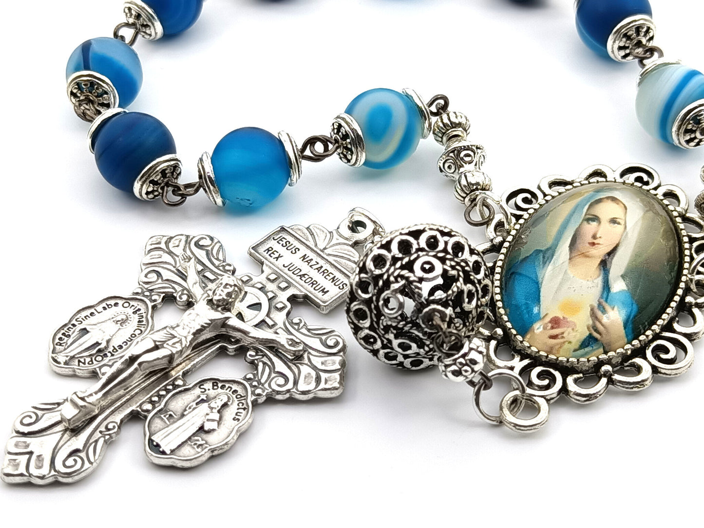 Immaculate Heart of Mary unique rosary beads single decade rosary with blue agate gemstone beads, silver Pardon crucifix, pater bead, bead caps and picture centre medal.