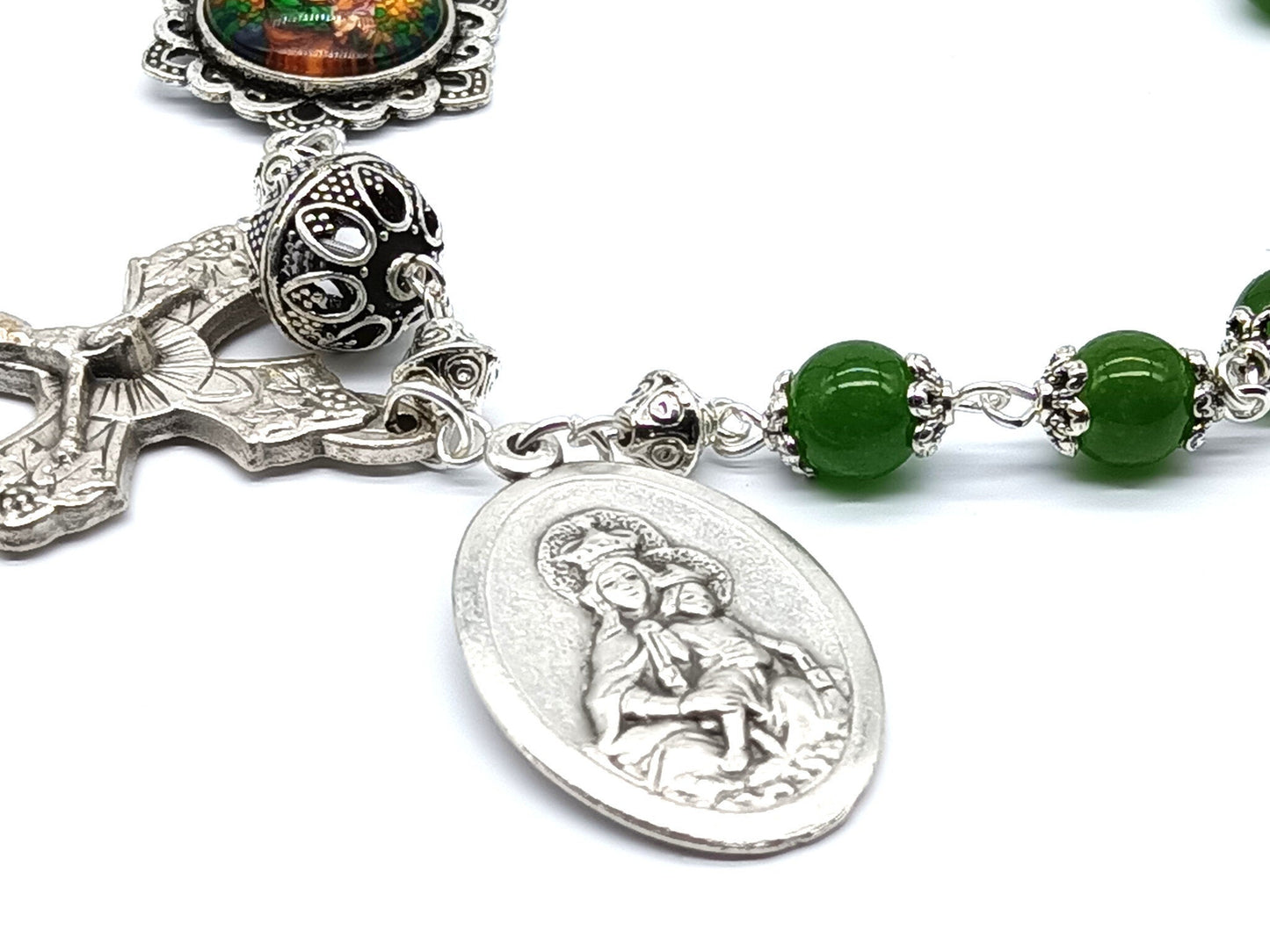 Saint Joseph unique rosary beads single decade with green gemstone beads, silver crucifix, St. Joseph picture medal and Our Lady of Mount Carmel medal.