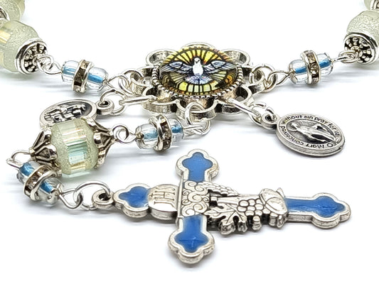 Holy Spirit unique rosary beads single decade with frosted glass beads, silver and blue enamel crucifix, silver Holy Spirit picture centre medal and small miraculous medal.