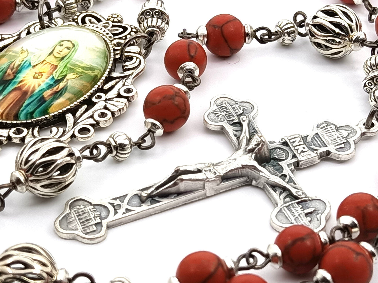 Immaculate Heart unique rosary beads with red gemstone beads, silver lattice pater beads, Four Basilicas crucifix and Our Lady picture centre medal.