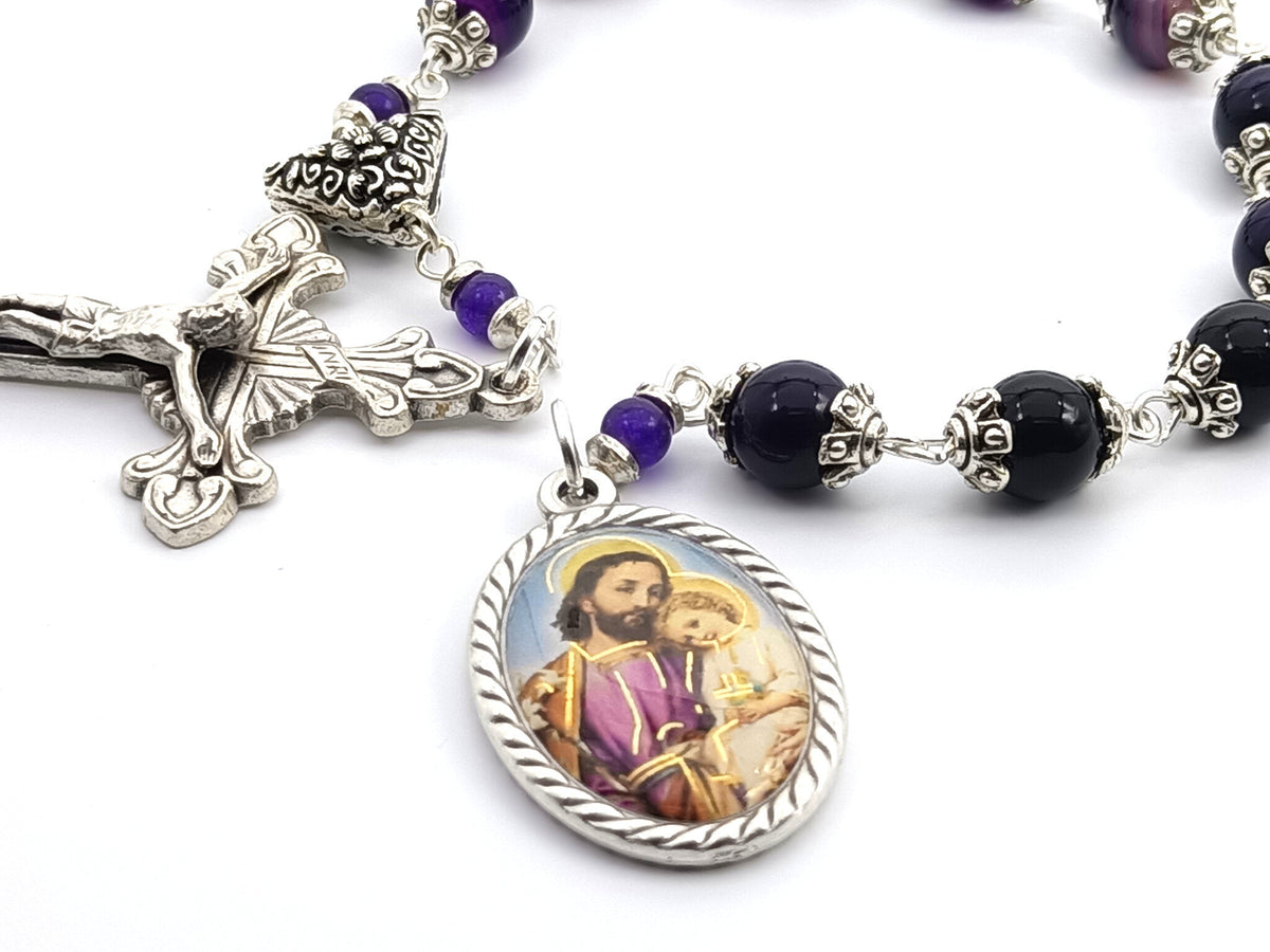Saint Joseph unique rosary beads single decade with purple gemstone beads, silver crucifix, pater bead and St. Joseph picture centre medal.