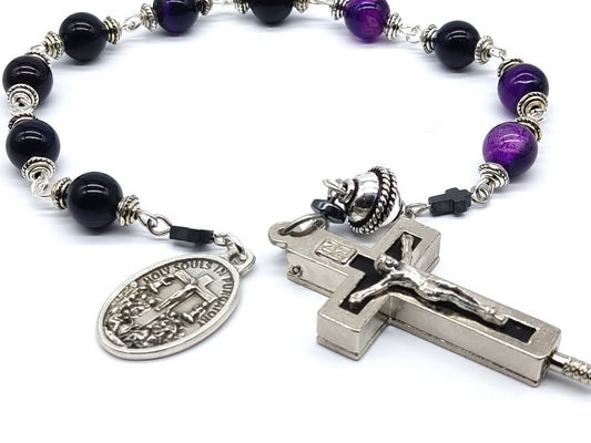 Holy Souls unique rosary beads single decade with purple agate gemstone beads, relic holder crucifix, silver pater bead and medal.