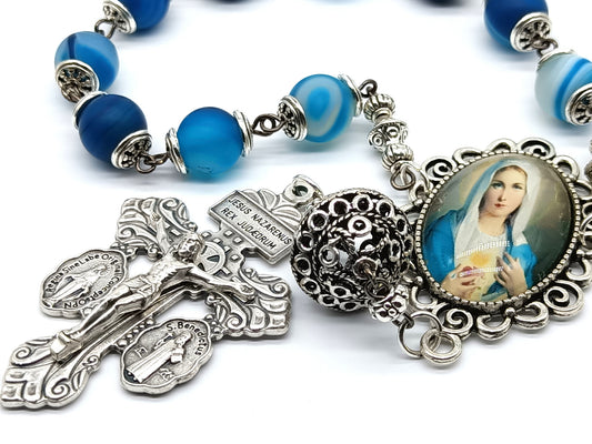 Immaculate Heart of Mary unique rosary beads single decade rosary with blue agate gemstone beads, silver Pardon crucifix, pater bead, bead caps and picture centre medal.